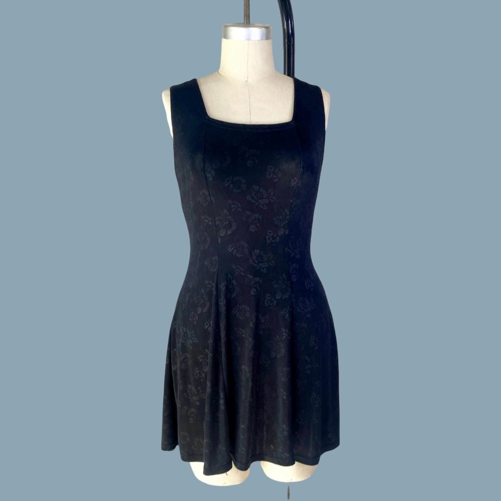 Vintage 80s Lily K Black Burnout Rayon Mini Dress Floral Low Back Goth LBD Large